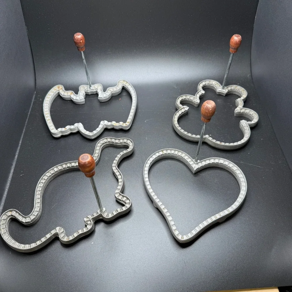 Vintage Cast Aluminum Egg Pancake Molds Set of 4 Dinosaur Bat Heart Bear